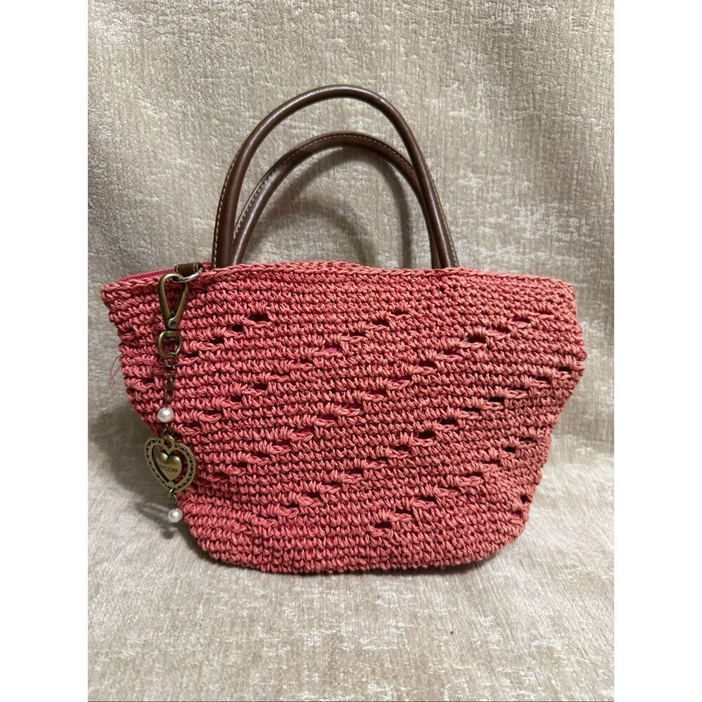 Kenzie Women's Natural Straw Double Faux Leather Handle Handbag Salmon Small